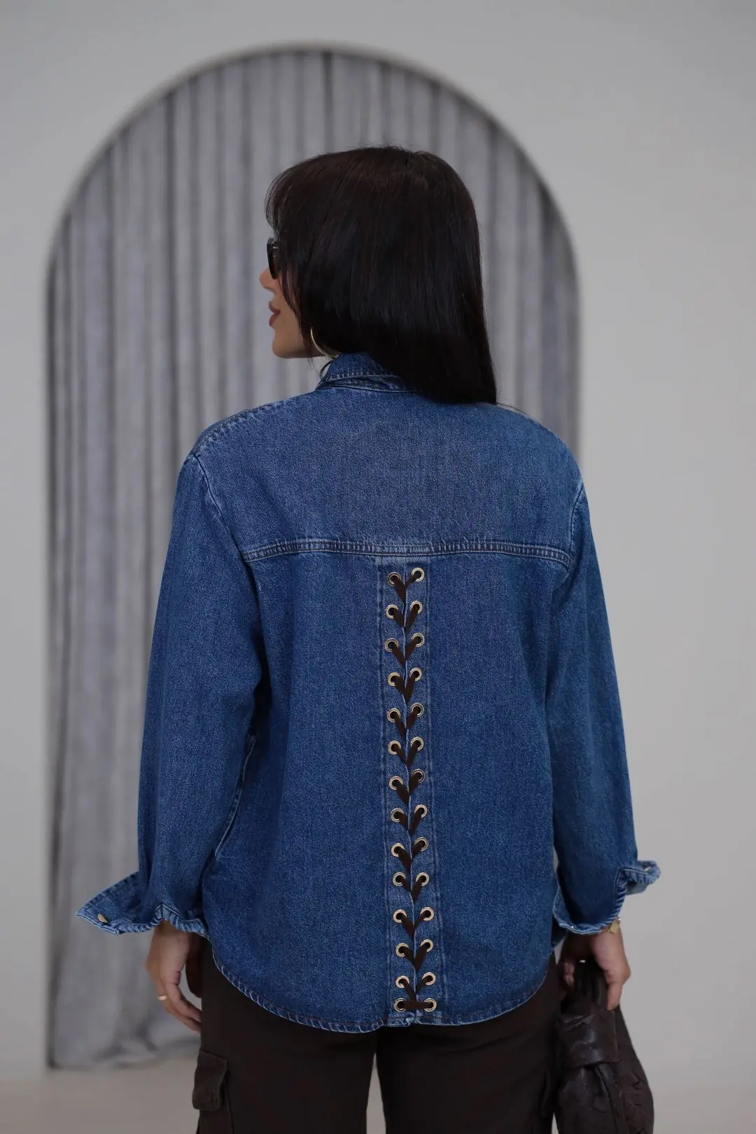 1181 Sırtı Çapraz Bağcık Detaylı Denim Gömlek Ceket KOYU MAVİ