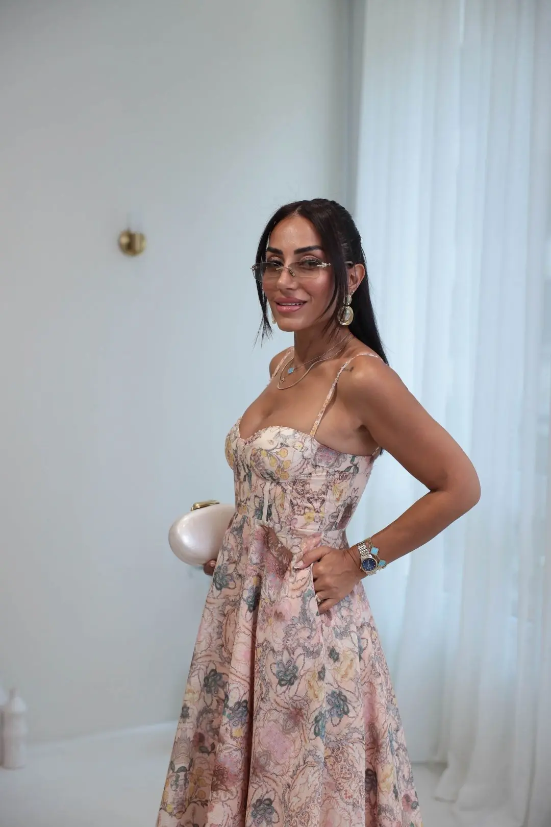 5225 Ayarlanabilir Askılı Floral Desen Korsajlı Elbise DESENLİ