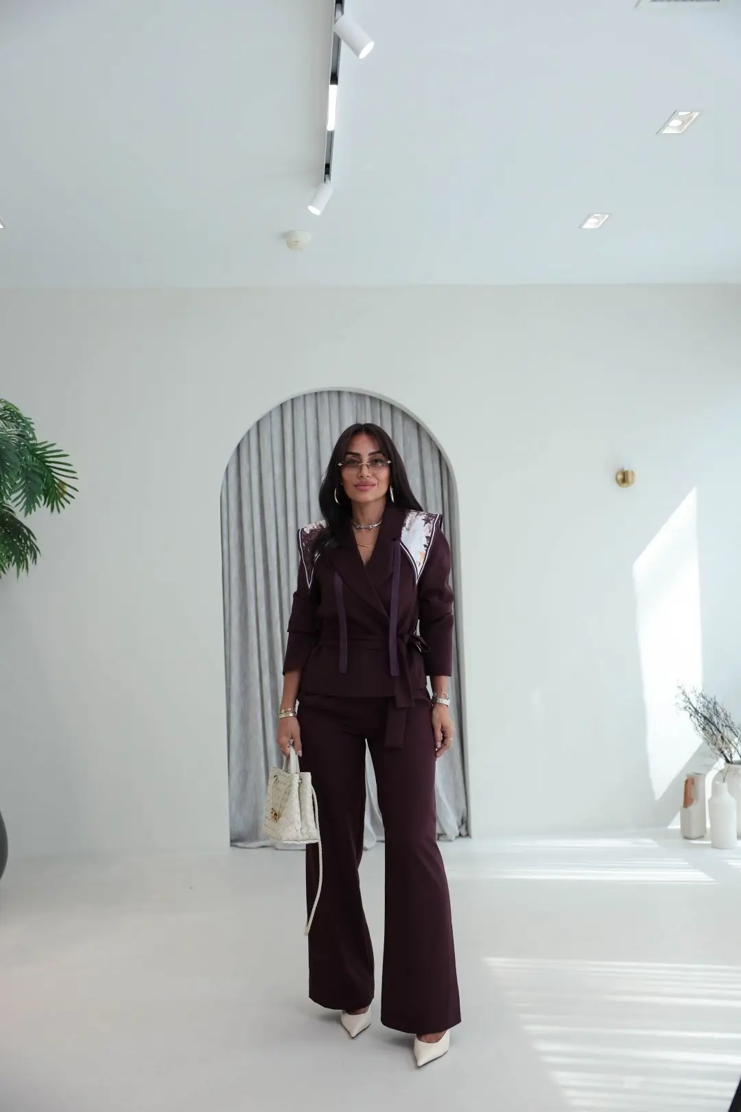 9319 Şal Detaylı Kuşaklı Ceket Pantolon MÜRDÜM - MÜRDÜM