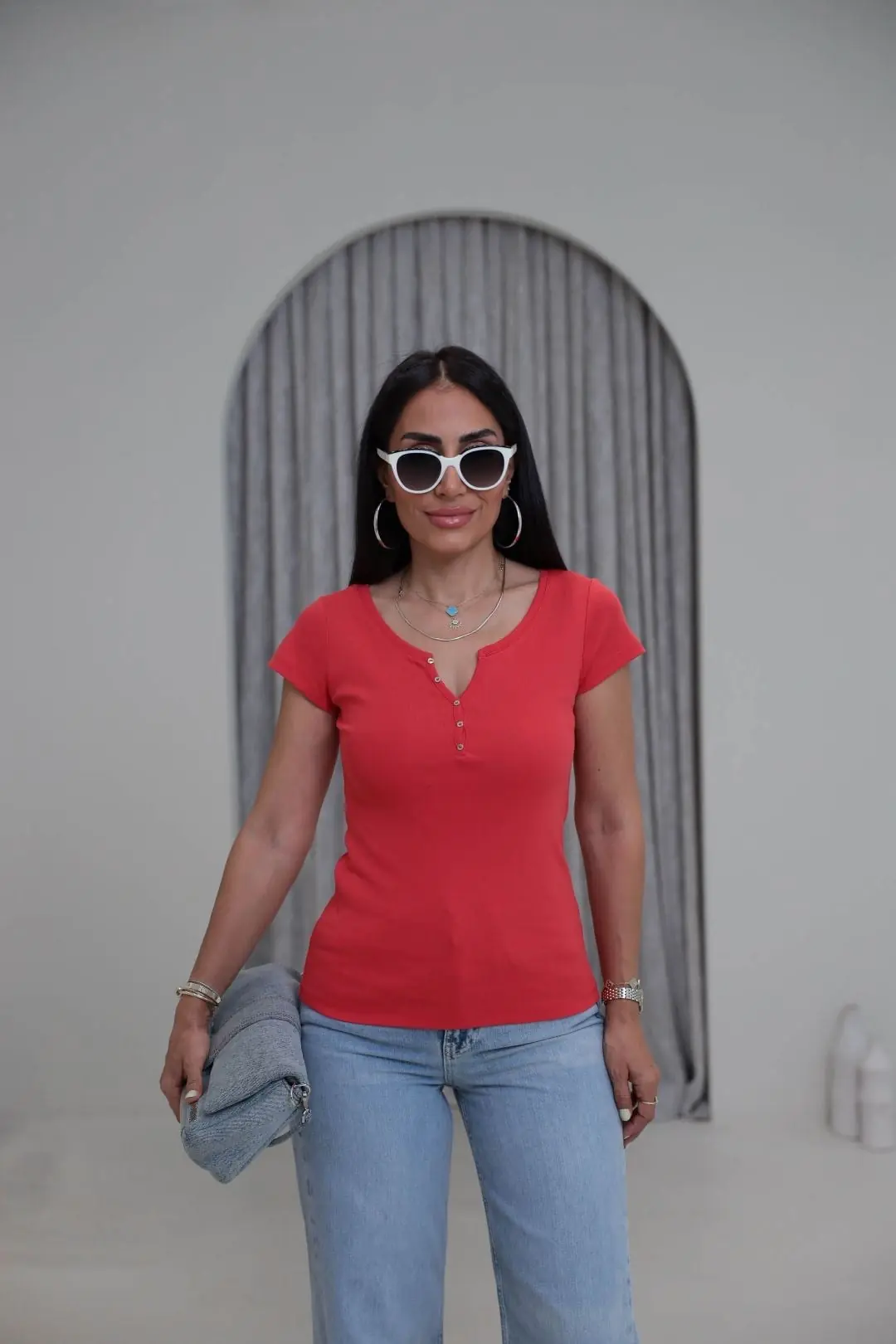 2688 Yaka Düğme Detaylı Pamuklu Tshirt KIRMIZI - KIRMIZI