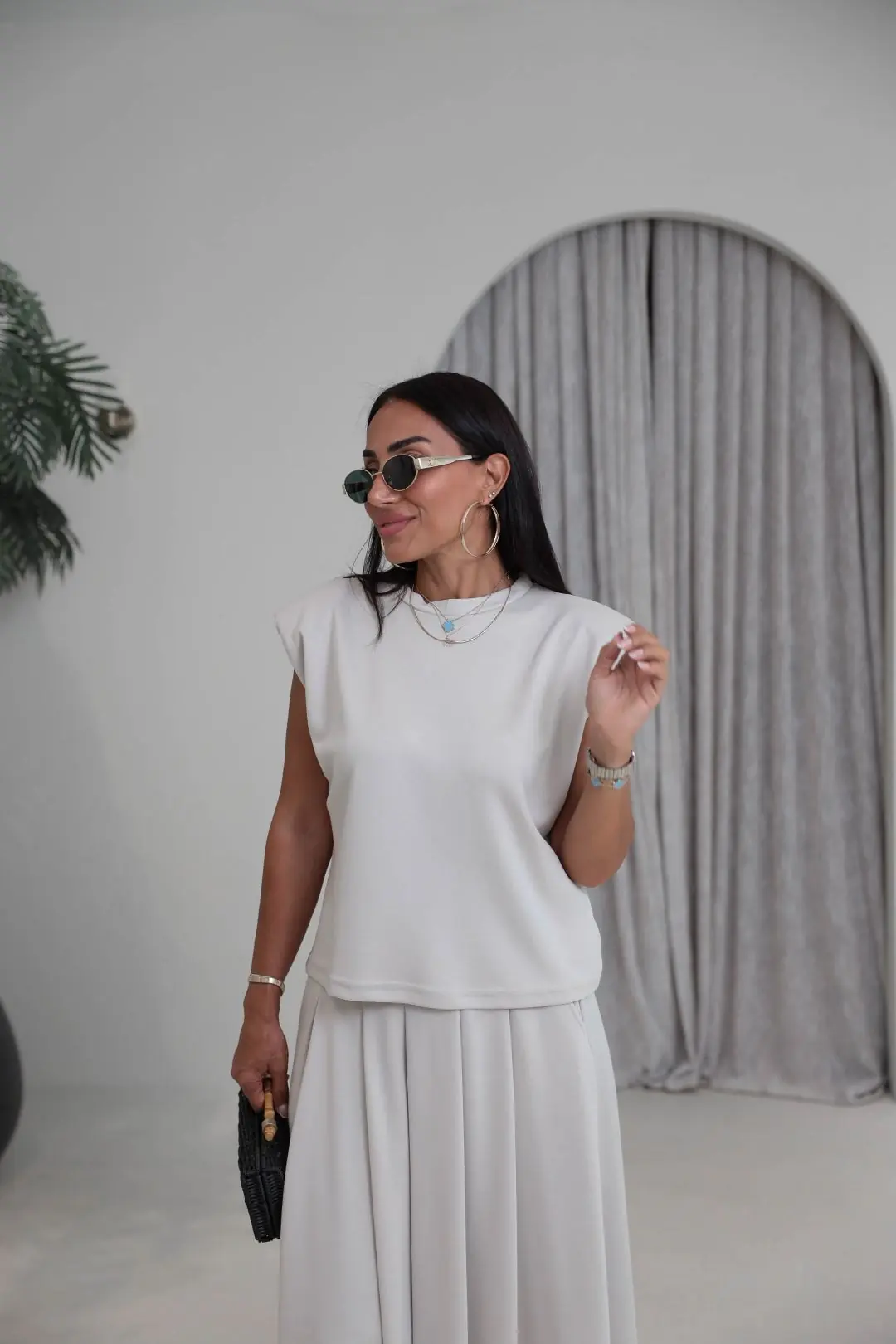 7150 Vatkalı Penye Bluz ve Pileli Etekli Takım TAŞ
