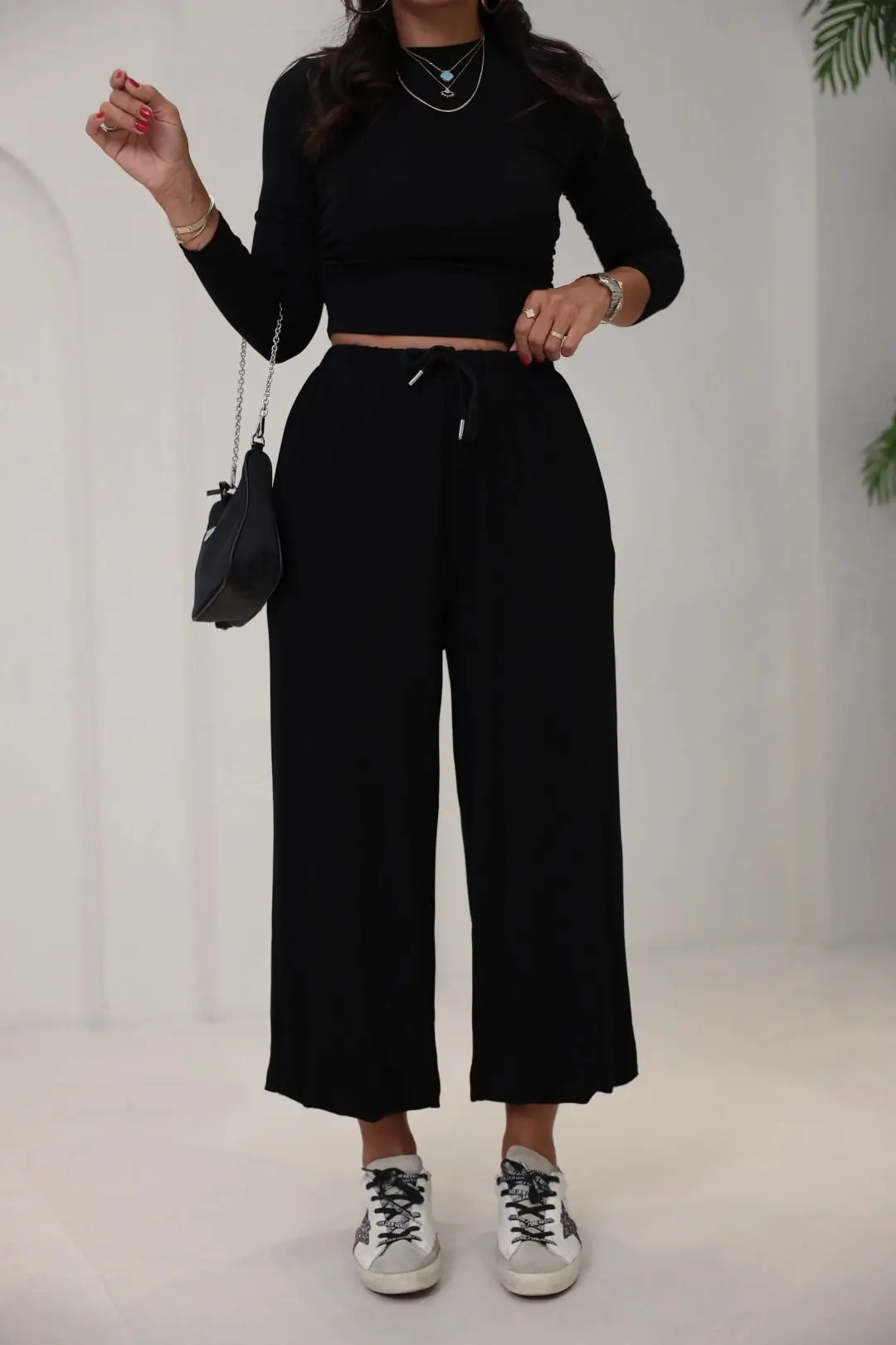 4289 Modal Drape Detaylı Şalvar Kesimli Bluz Pantolon Takım SİYAH