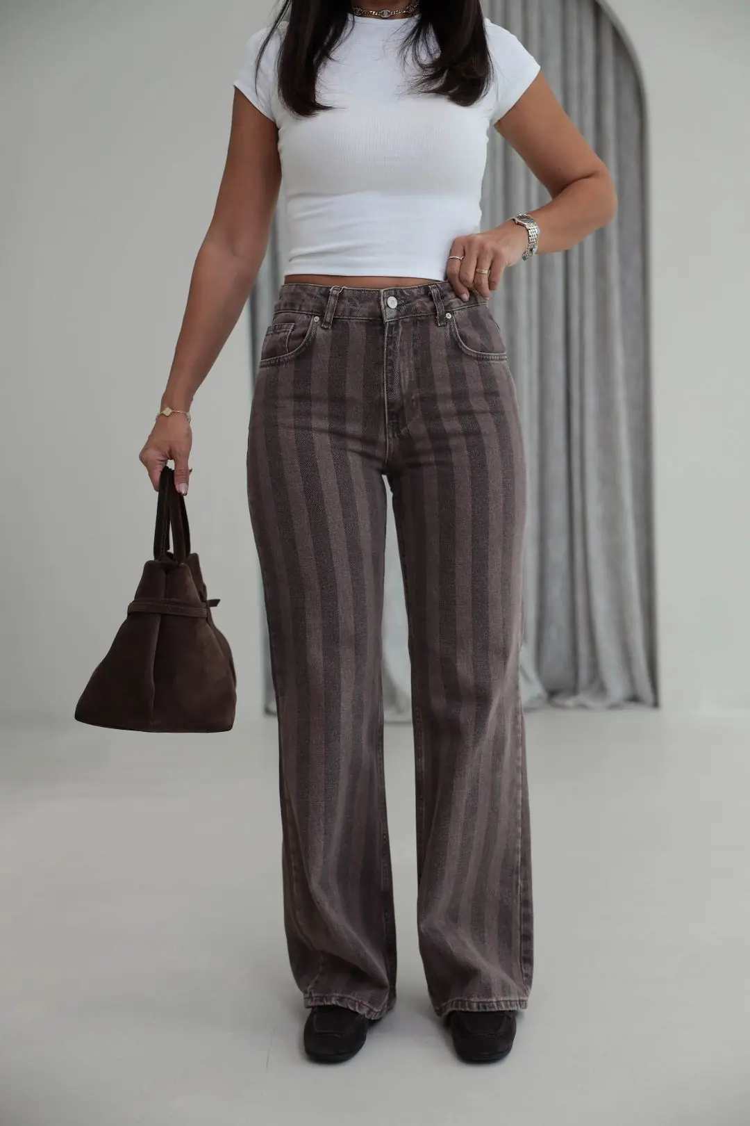 2371 Çizgili Wide Leg Jean KAHVE