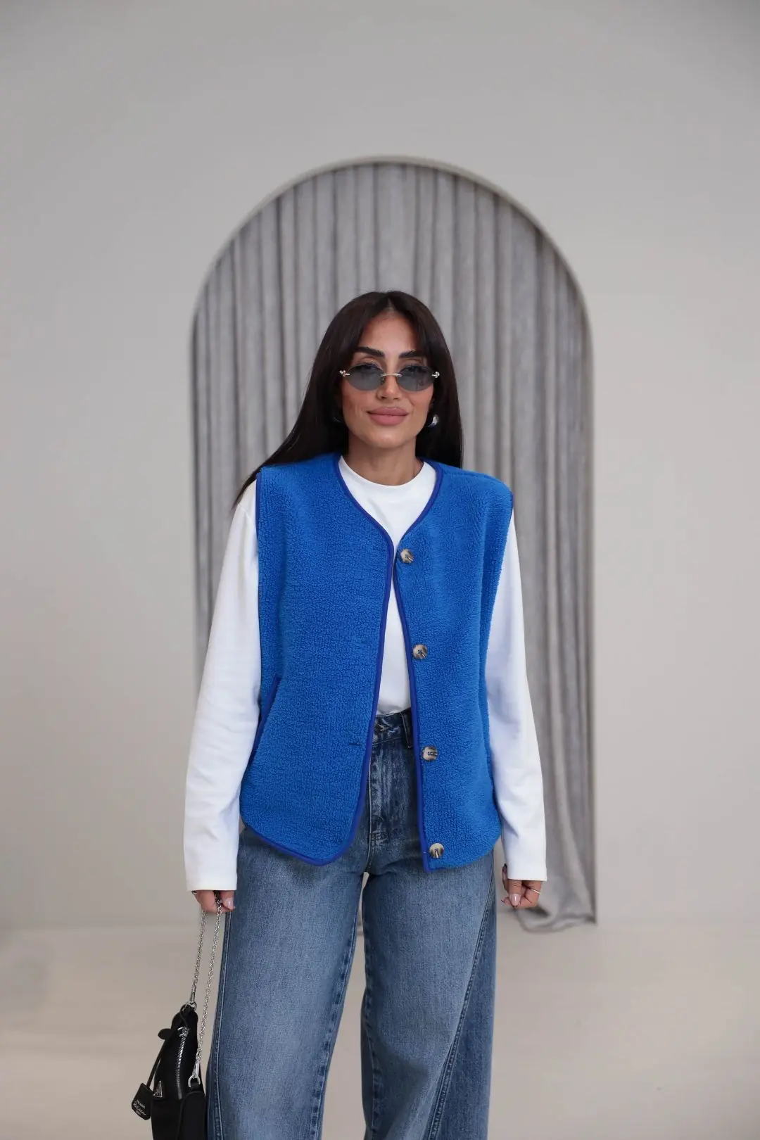 3242 Düğme Detaylı Oys Model Peluş Yelek MAVİ - MAVİ
