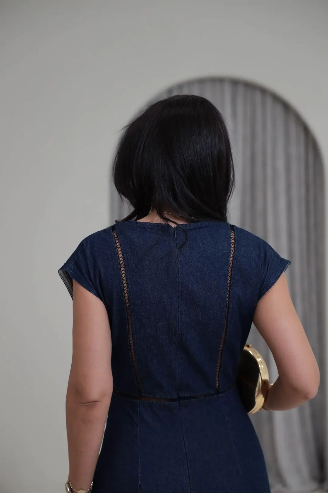 1027 V Yaka Şerit Detaylı Denim Elbise LACİVERT