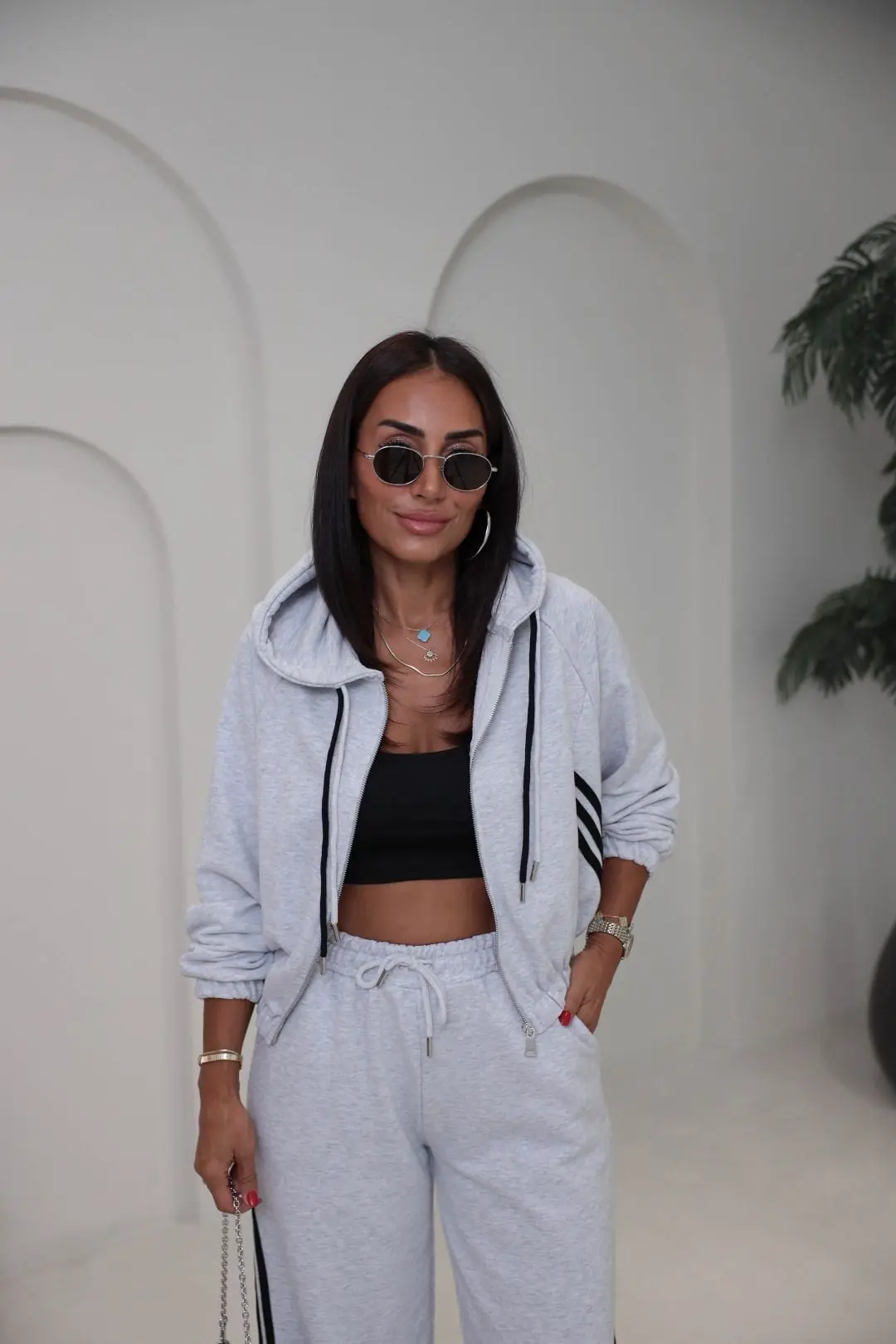 4285 Şerit Detaylı Fermuarlı Sweat Pantolon Takım GRİ MELANJ