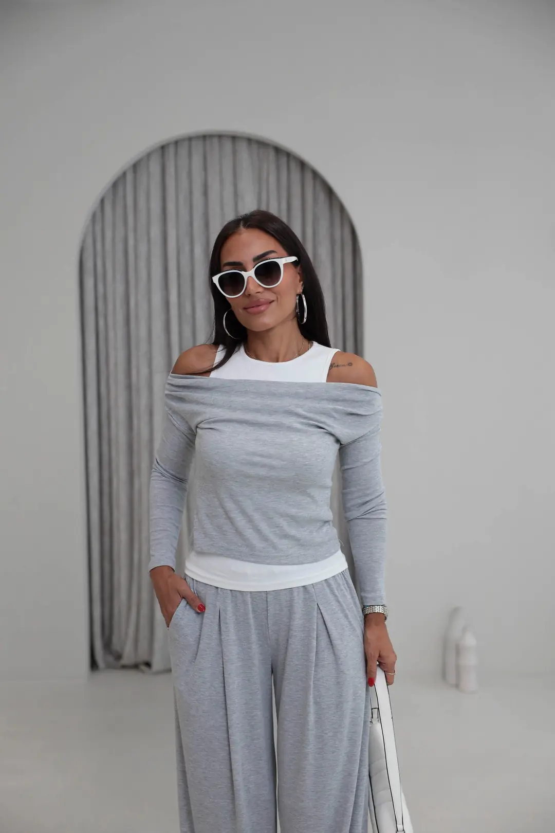 2779 Atlet Detaylı Dökümlü Bluz Pantolon Takım GRİ MELANJ