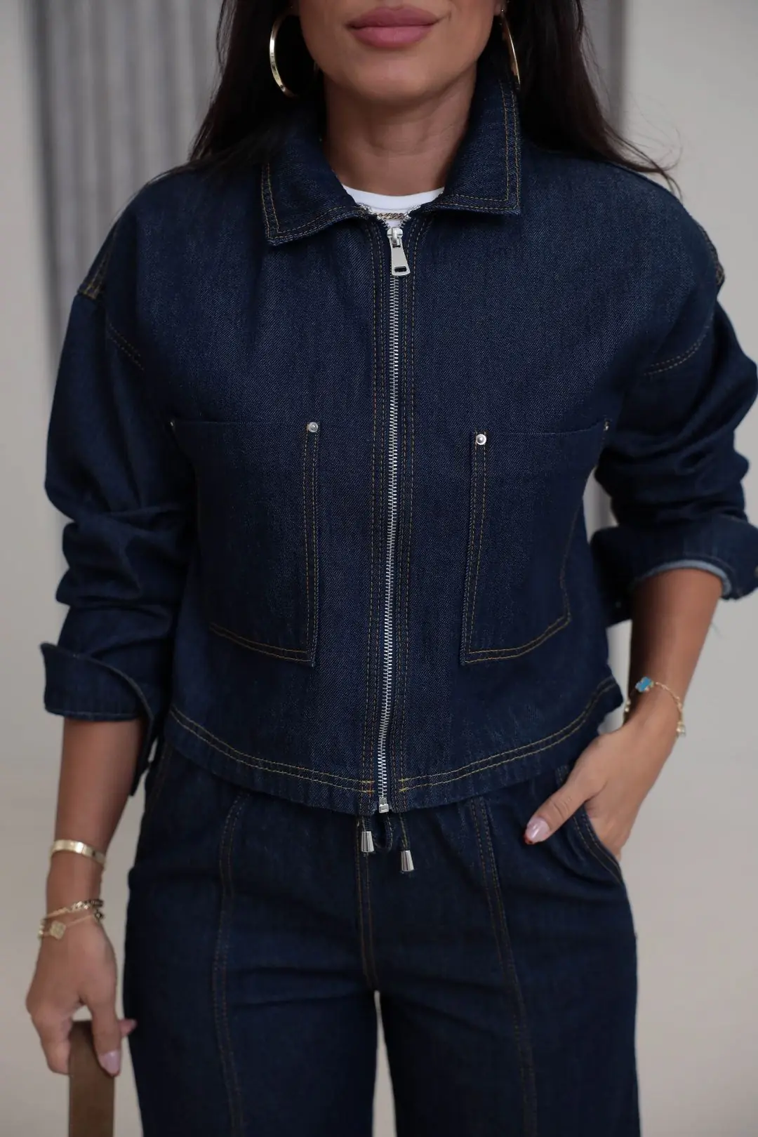 1149 Denim Kumaş Bomber Pantolon Takım LACİVERT