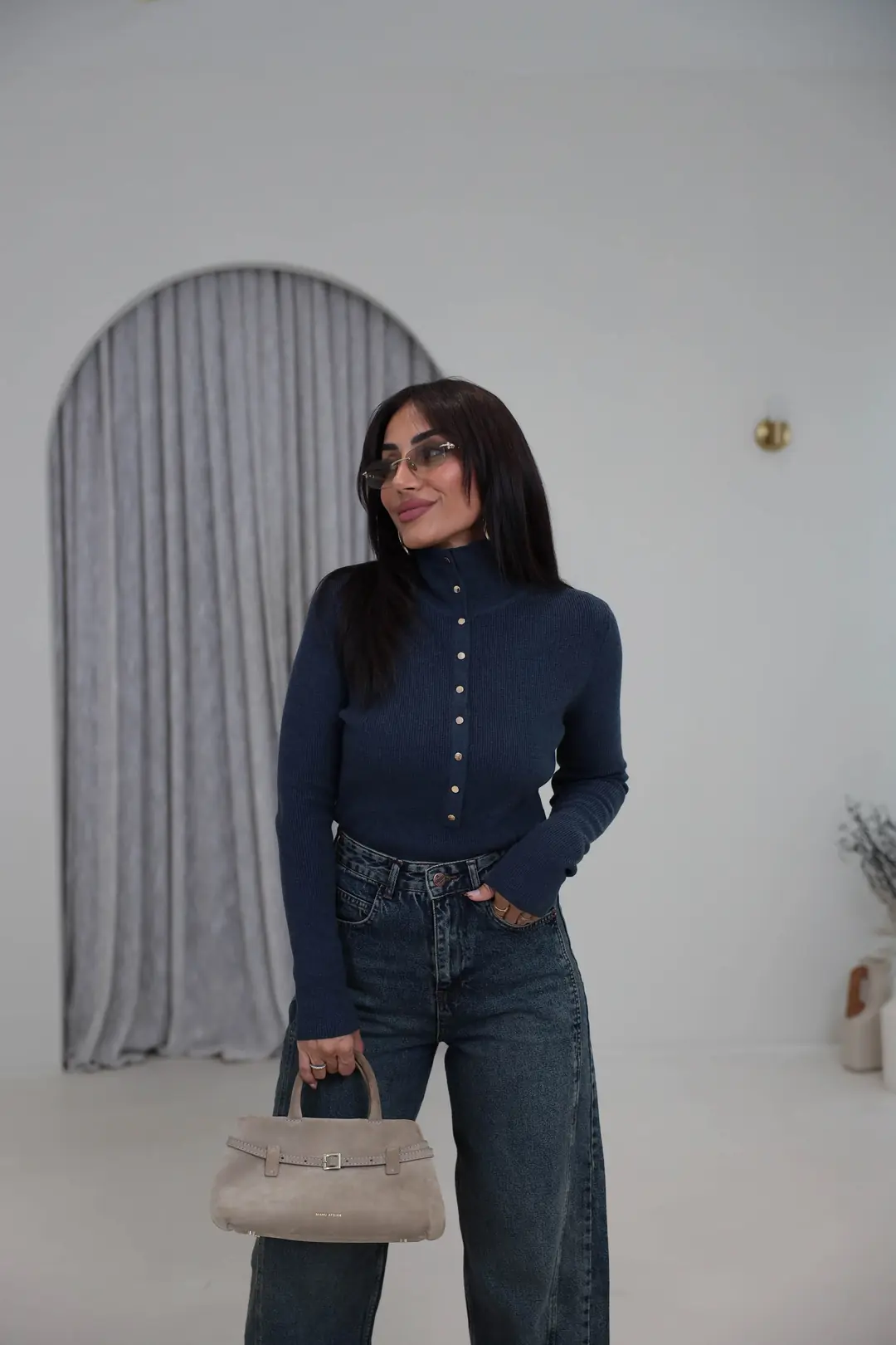 0686Y Çıtçıtlı Dik Yaka Triko Kazak Indigo