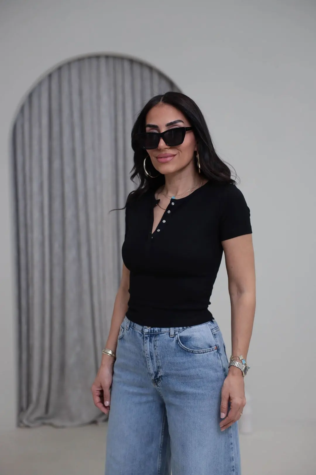 1704 Çıtçıt Düğmeli Kısa Kol Modal Tshirt SİYAH