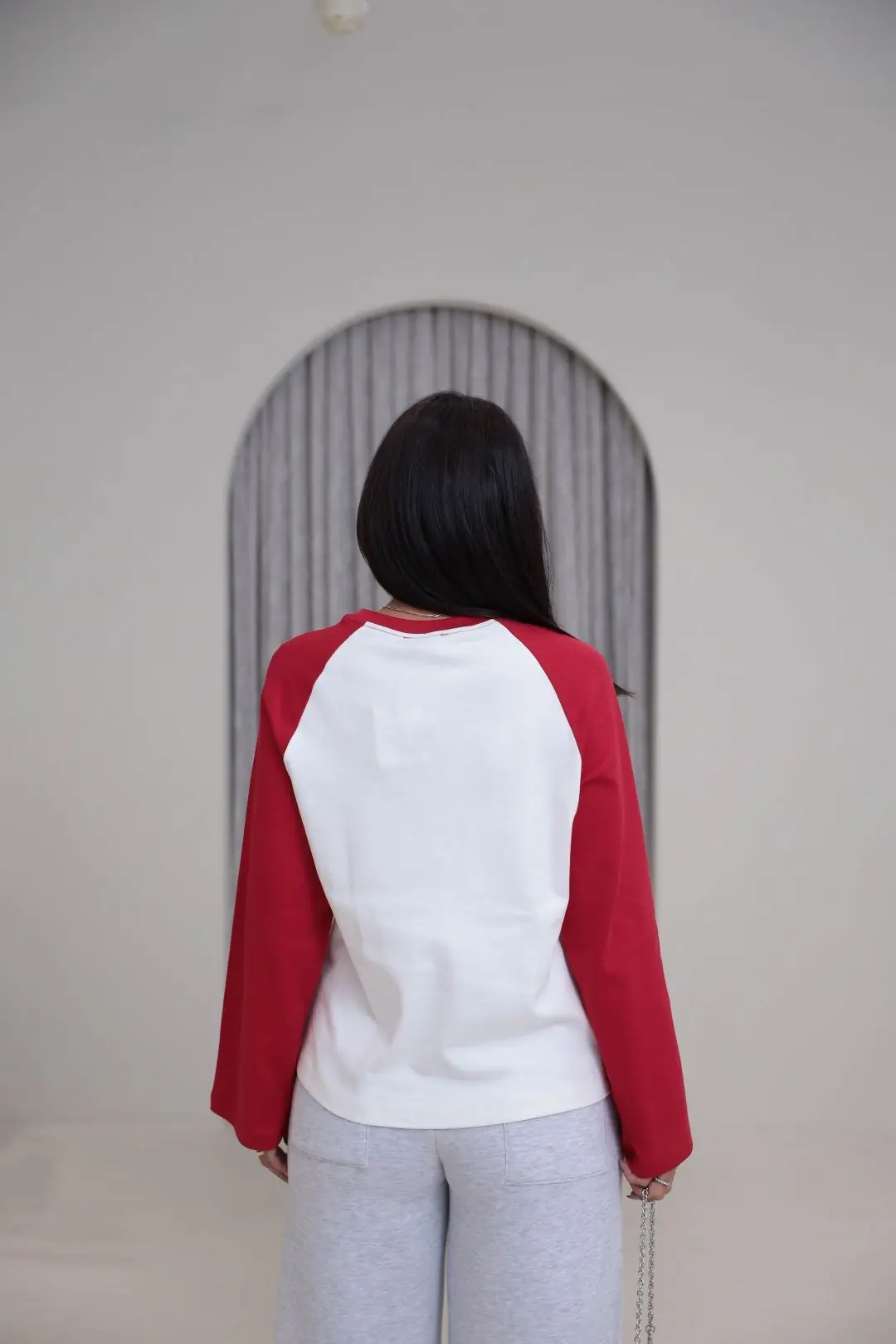 4271 Reglan Kol Kontrastlı Bisiklet yaka Bluz KIRMIZI