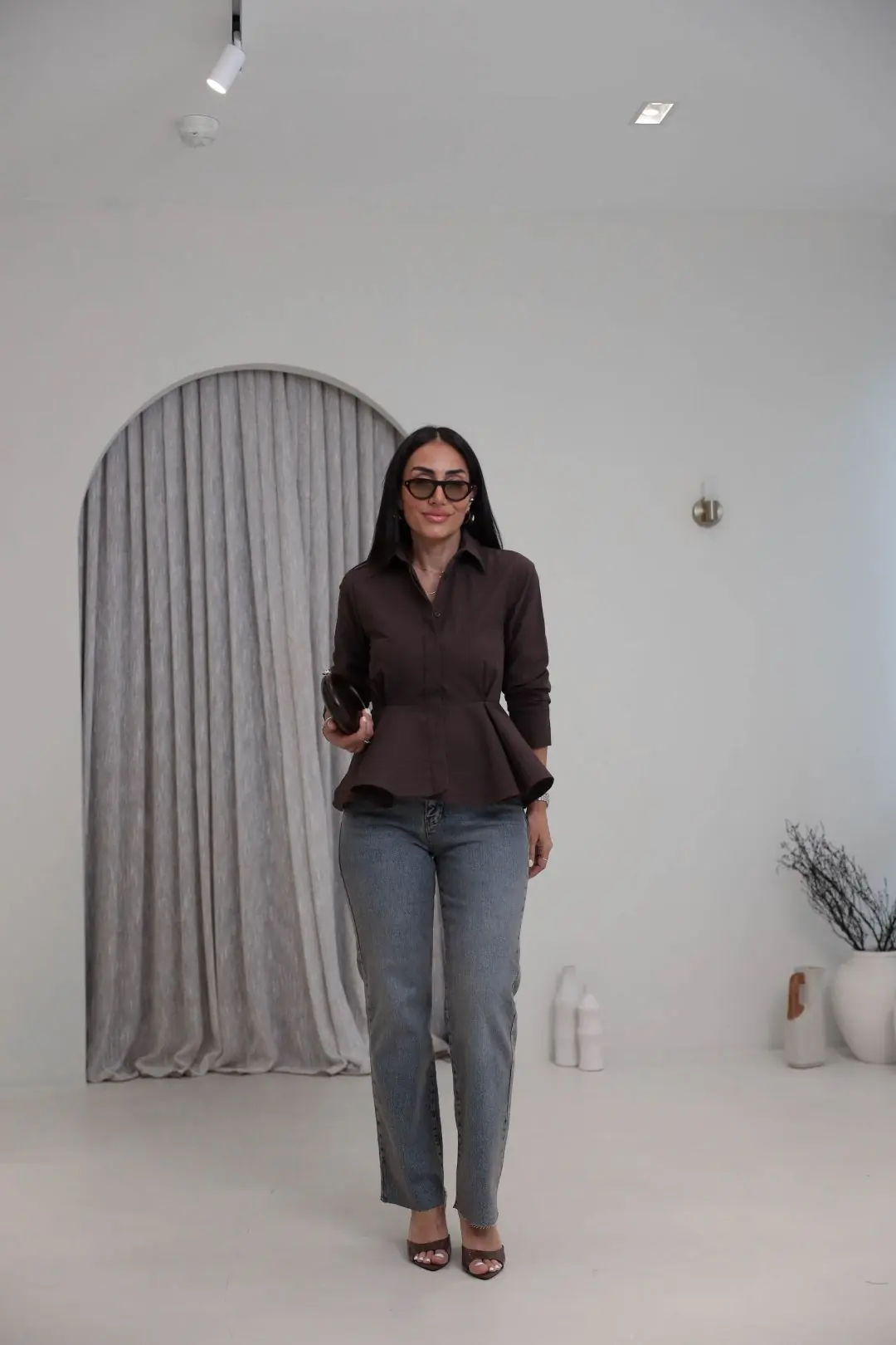 3250 İçi Telalı Peplum Gömlek KAHVE