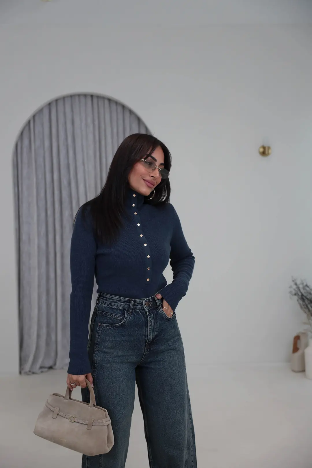 0686Y Çıtçıtlı Dik Yaka Triko Kazak Indigo