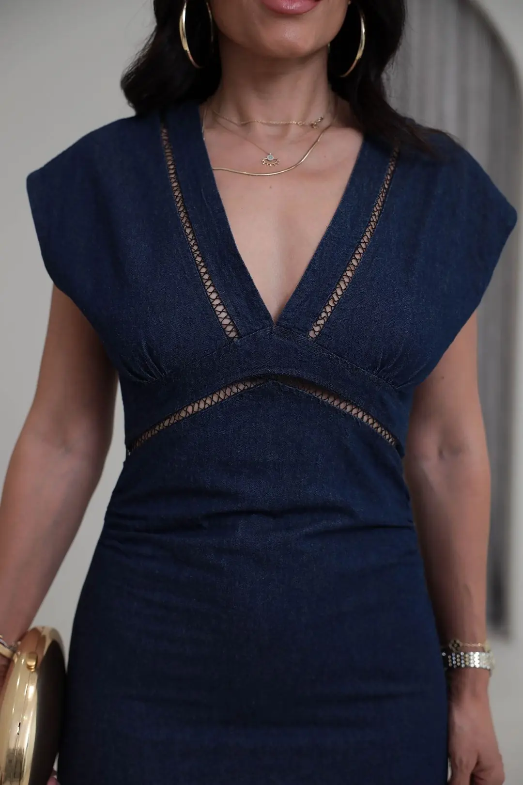 1027 V Yaka Şerit Detaylı Denim Elbise LACİVERT