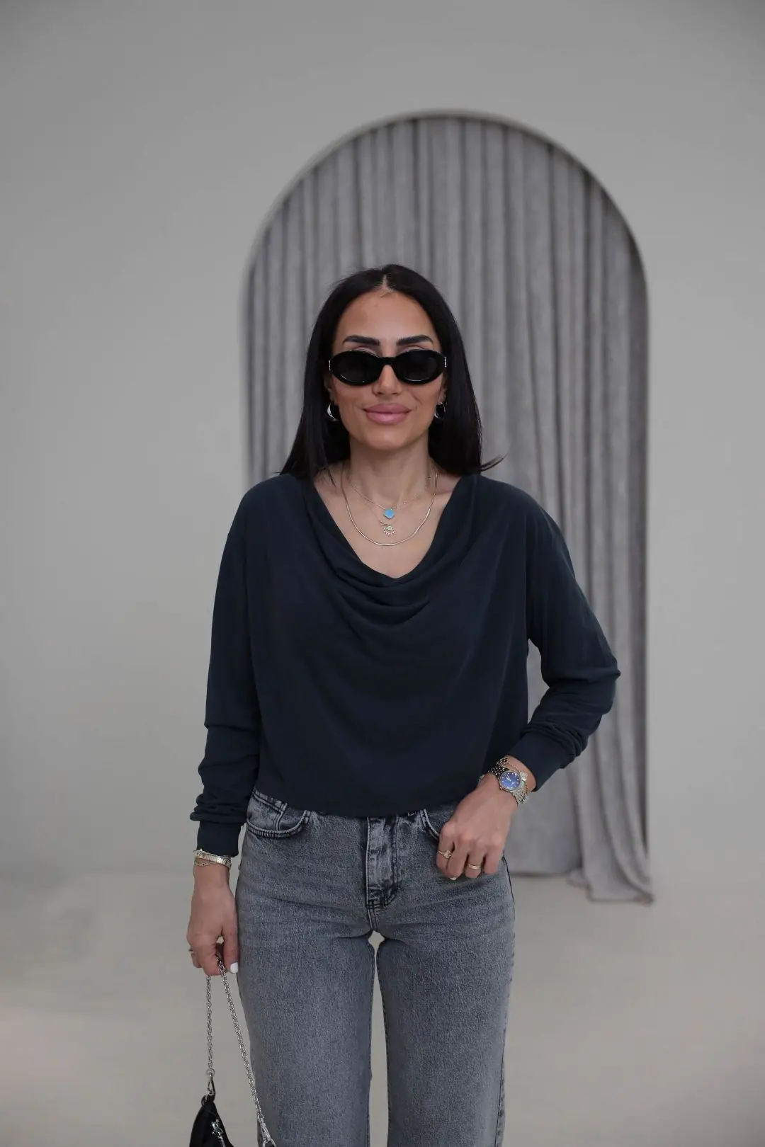 2424 Degaje Yaka Modal Bluz ANTRASİT