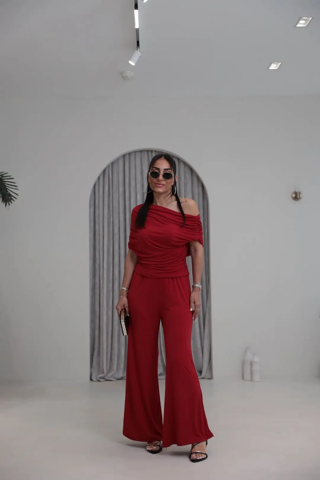 5388 Dökümlü Drapeli Sandy Bluz Pantolon Takım KIRMIZI