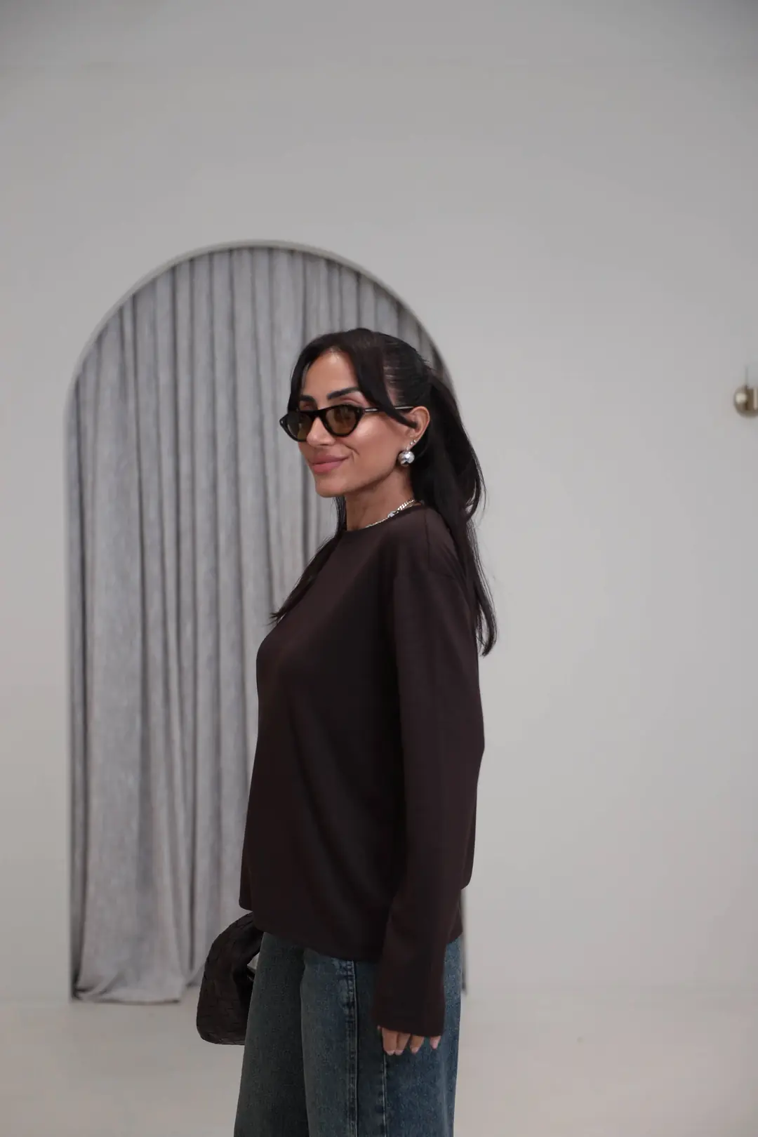 1448 Bisiklet Yaka uzun Kollu Oversize Tshirt KAHVE