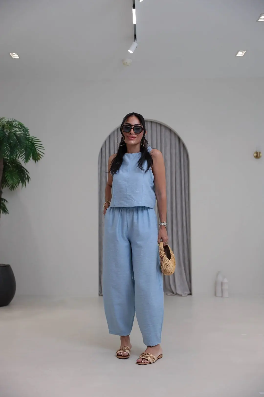 8568 Sıfır Kol Bluz Pantolon Takım BEBE MAVİ