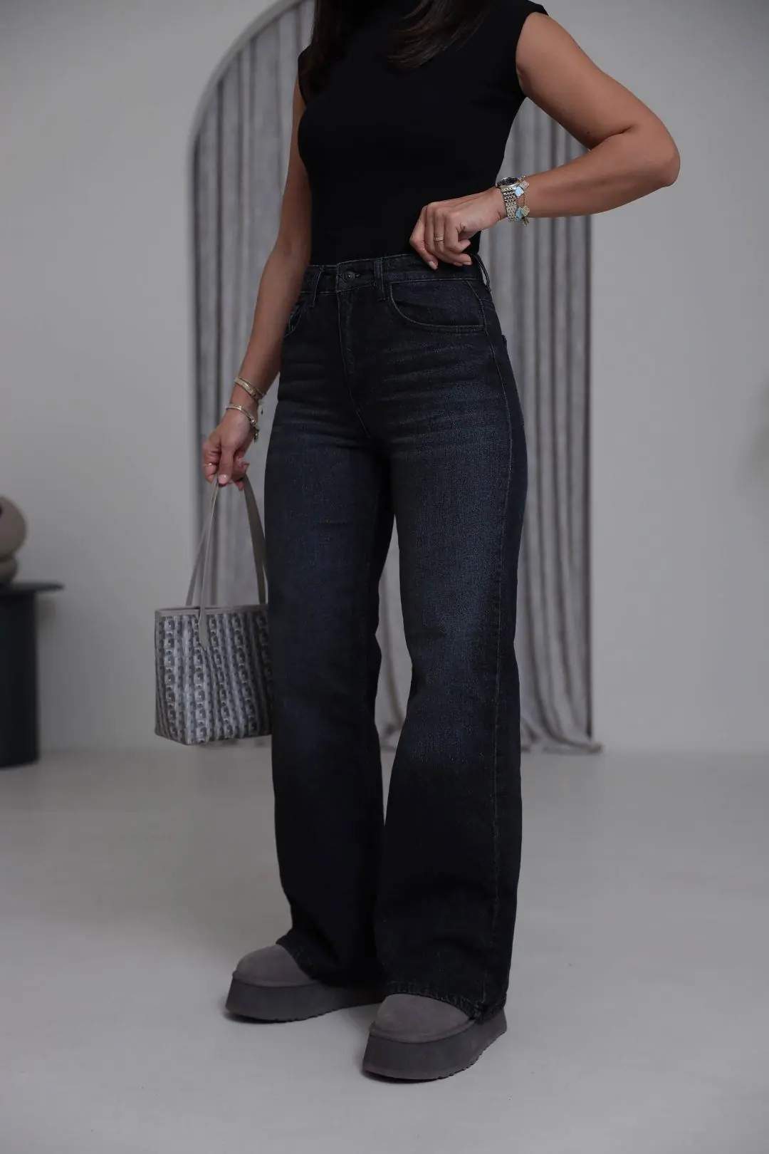 Yüksek Bel Wide Leg Jean YIKAMALI SİYAH