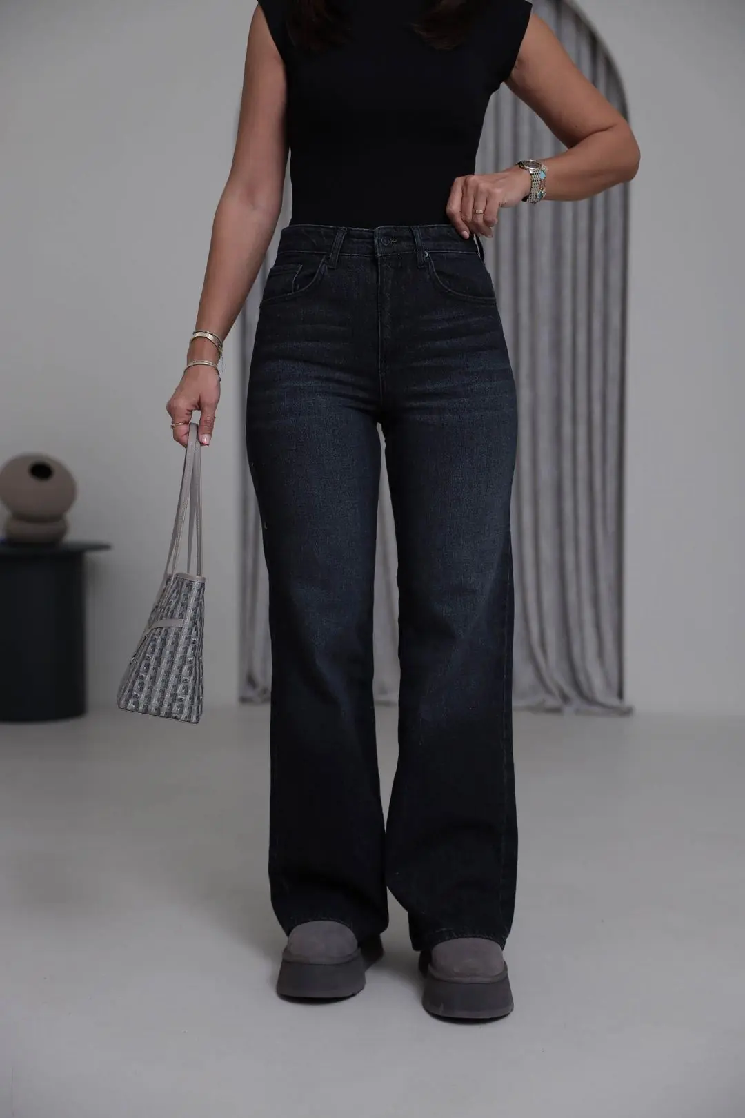 Yüksek Bel Wide Leg Jean YIKAMALI SİYAH