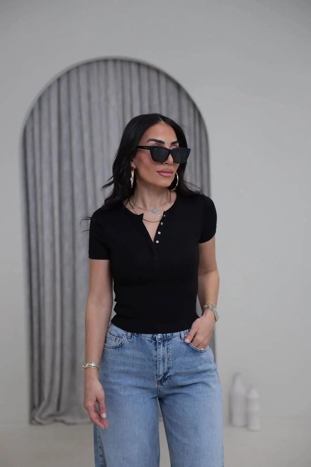 1704 Çıtçıt Düğmeli Kısa Kol Modal Tshirt SİYAH