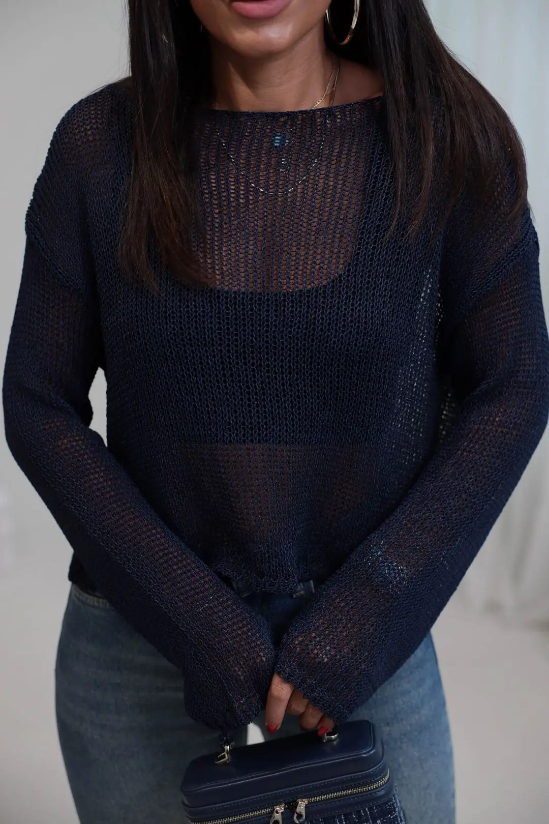 8741 Kayık Yaka Ajurlu Triko Bluz LACİVERT