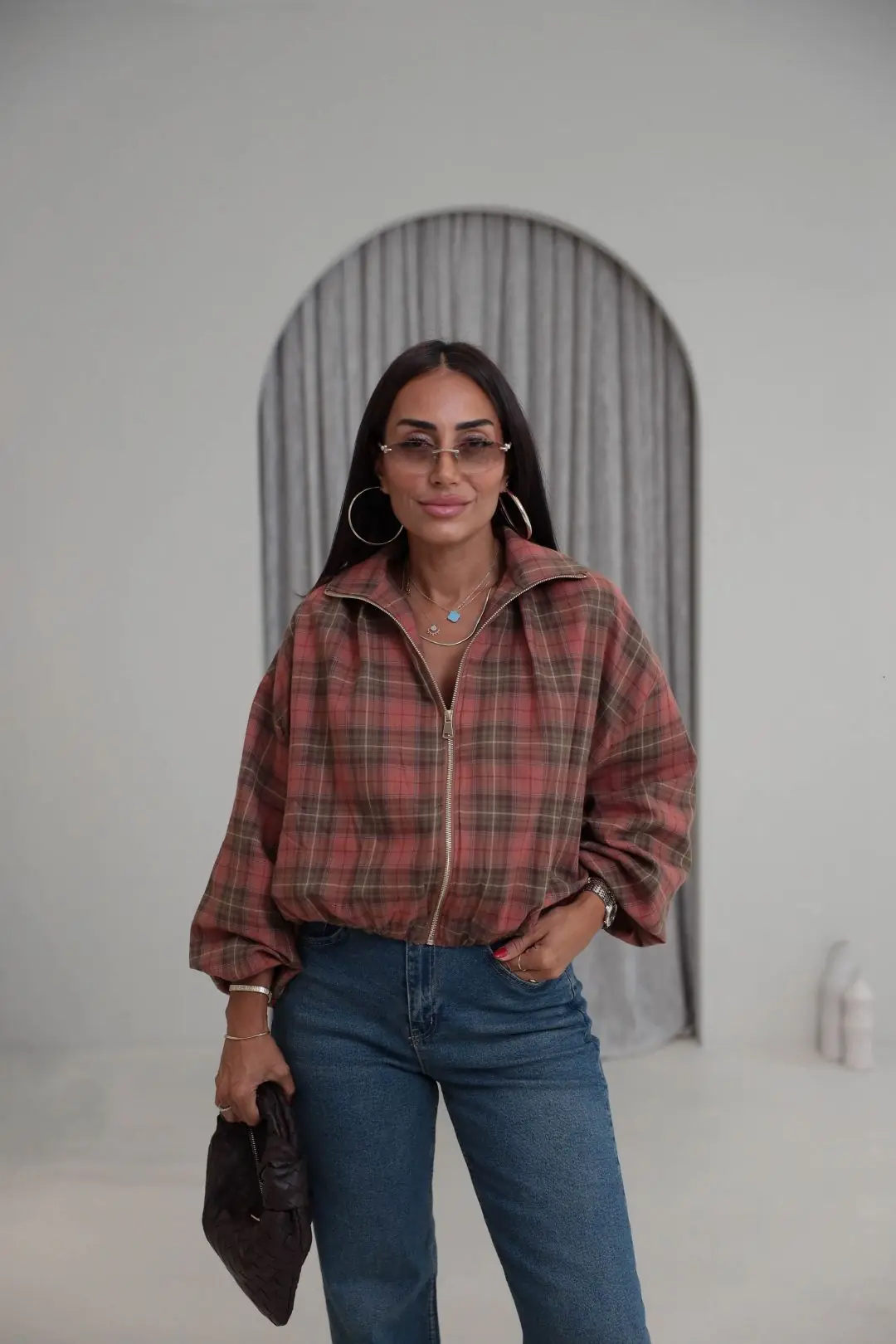 9784 Fermuarlı Ekoseli Bomber Ceket KİREMİT
