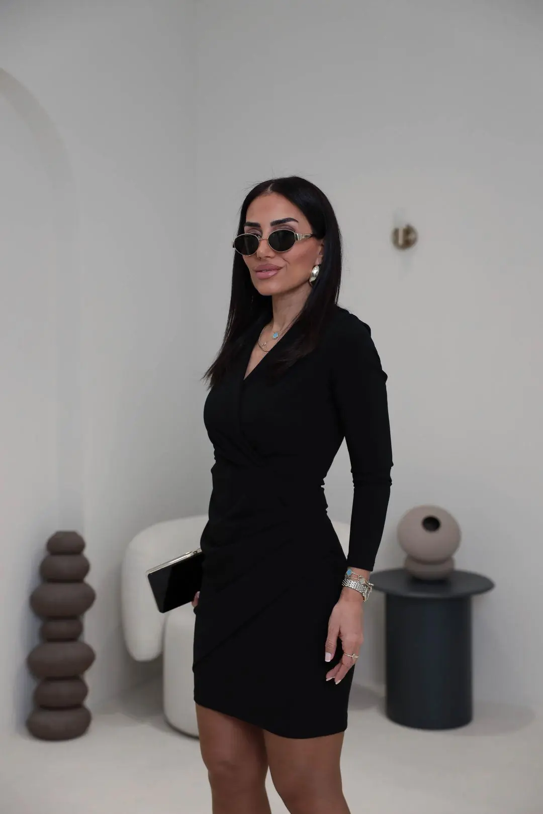3037 Kruvaze Drapeli Crep Elbise SİYAH