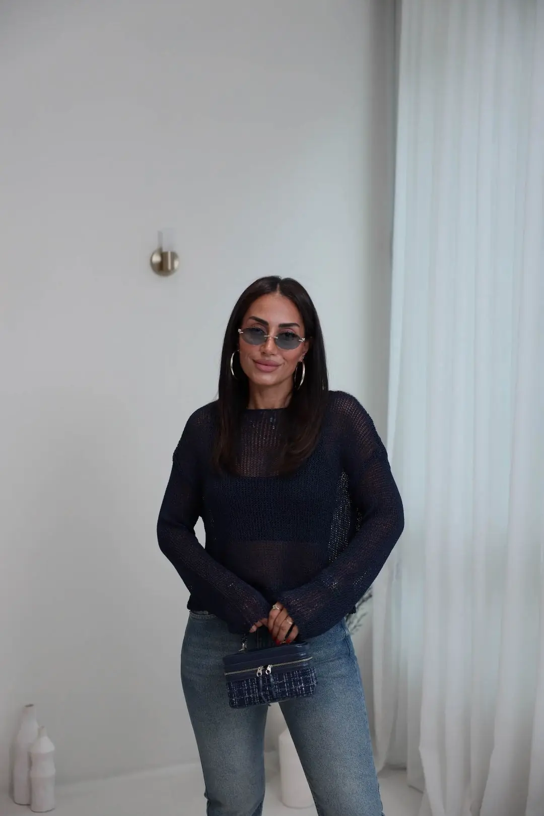 8741 Kayık Yaka Ajurlu Triko Bluz LACİVERT