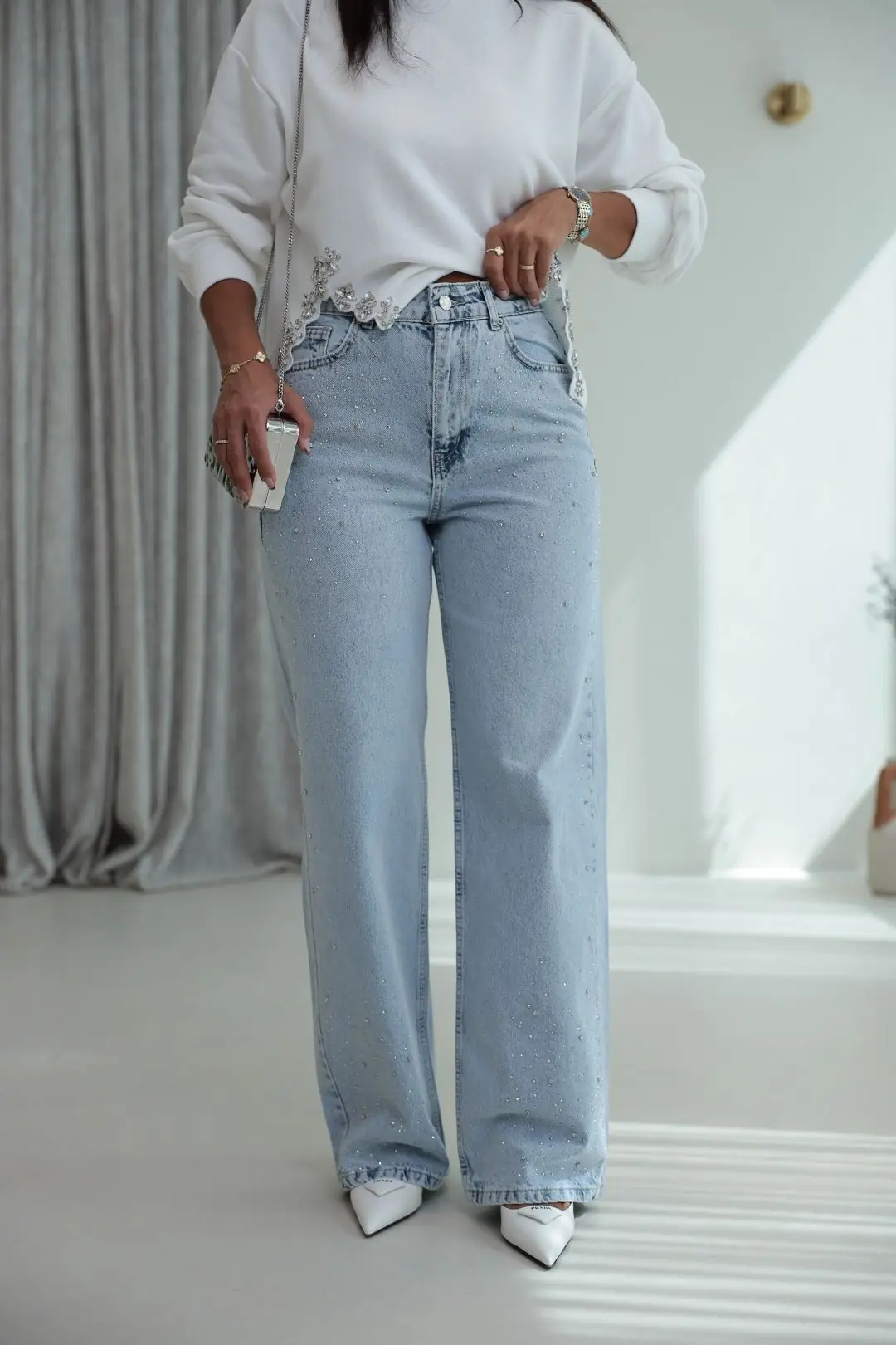 1071 Serpme Taş Detaylı Yüksek Bel Denim Pantolon BUZ MAVİ