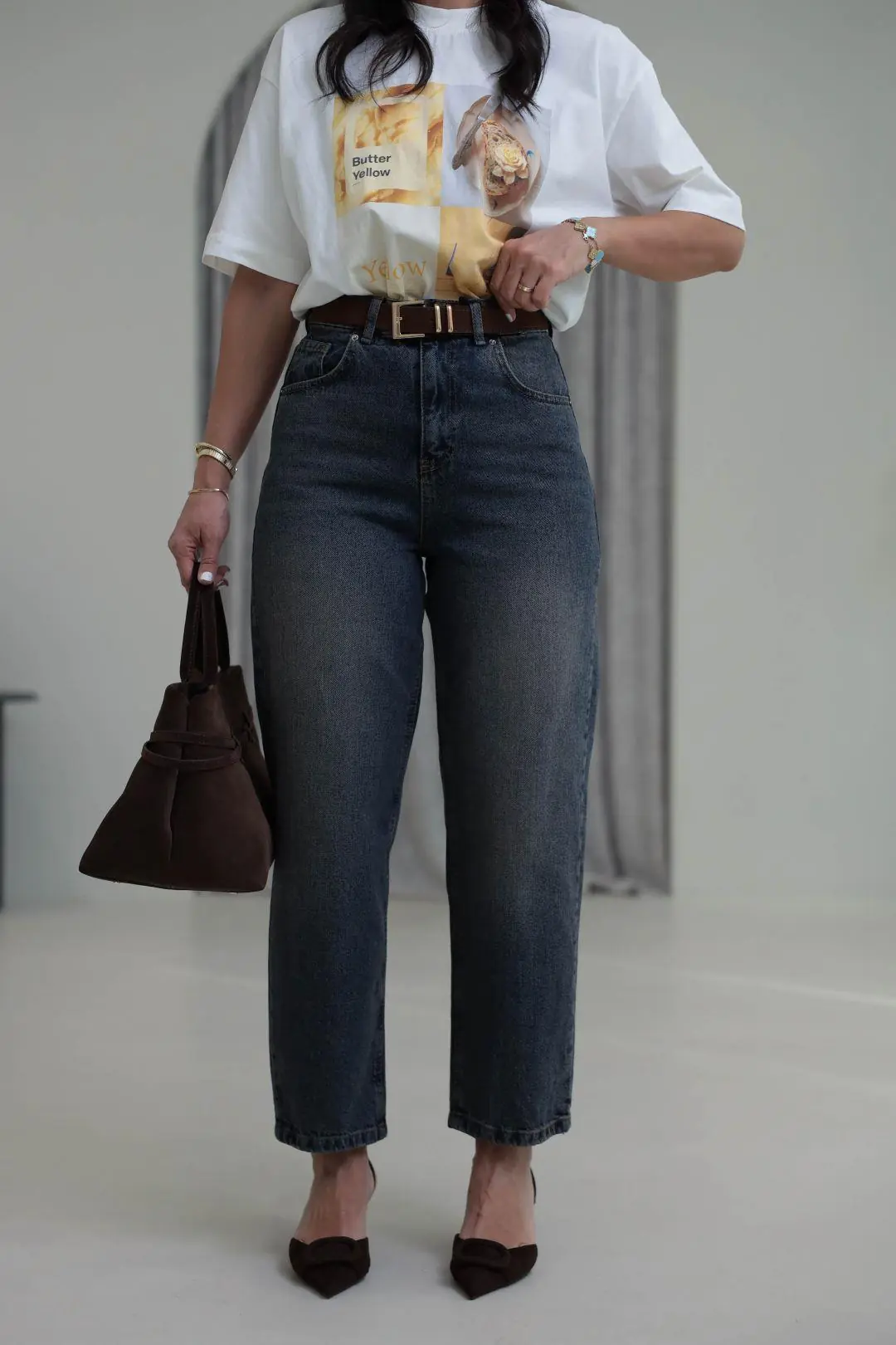 3010 Kemerli Yüksek Bel Baggy Jean KOYU TİNTLİ