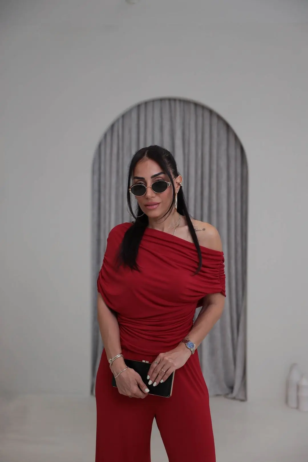 5388 Dökümlü Drapeli Sandy Bluz Pantolon Takım KIRMIZI