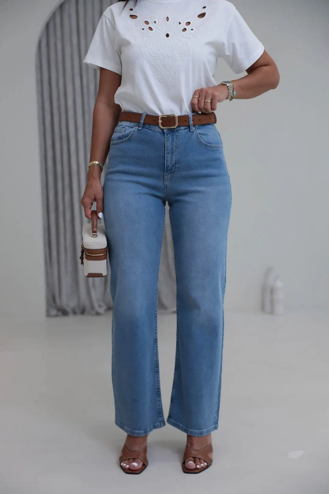 6171 Süet Kemerli Yıkamalı Straight Pantolon MAVİ