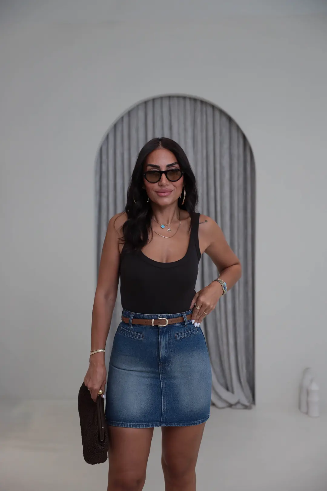 202 Ön Cep Detaylı Kemerli Mini Denim Etek MAVİ
