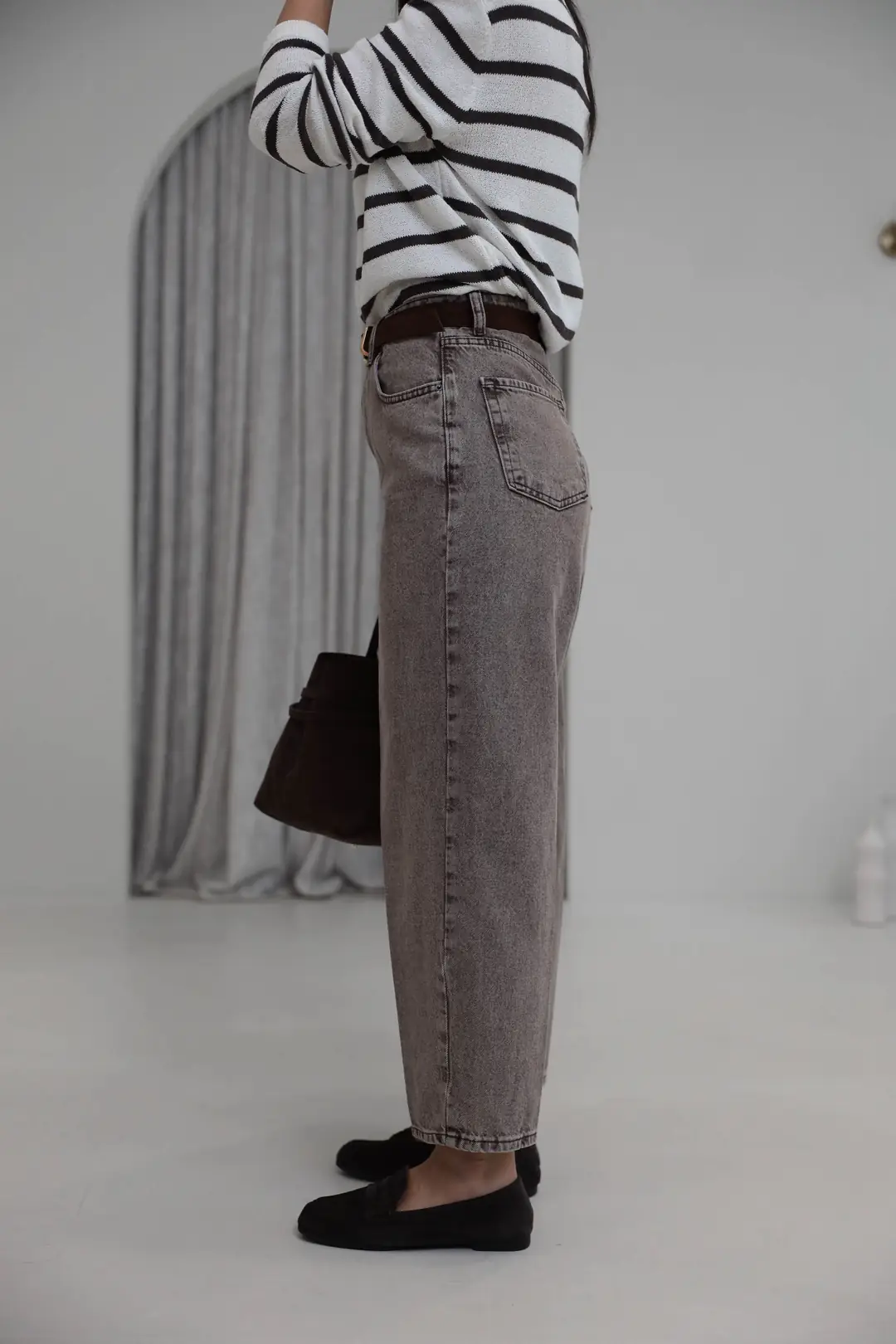 3010 Süet Kemerli Mom Jean YIKAMALI KAHVE