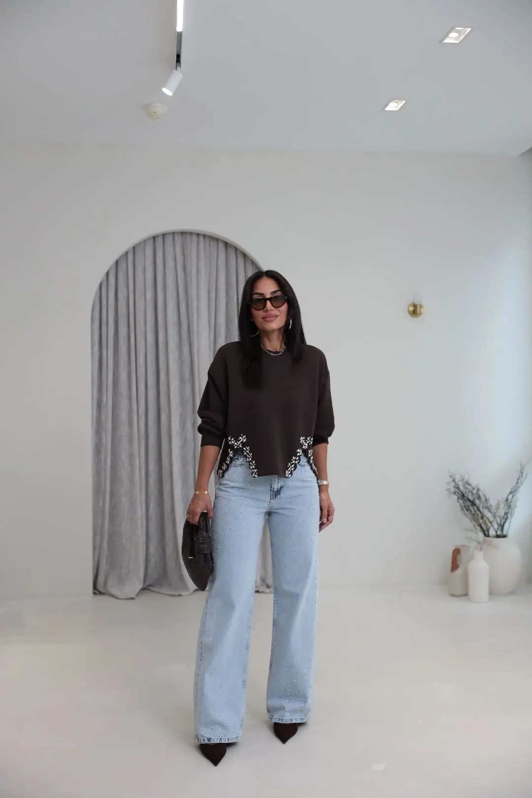 1071 Serpme Taş Detaylı Yüksek Bel Denim Pantolon BUZ MAVİ