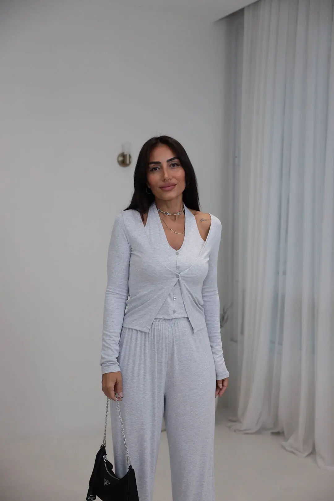 3583 Çift Katman Detaylı Takım GRİ