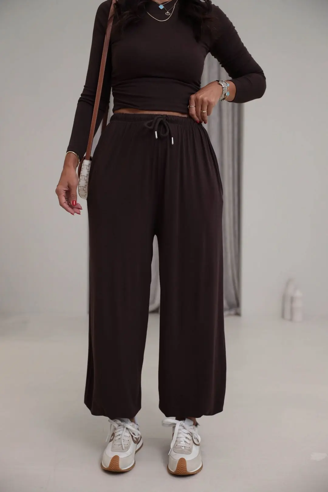 4289 Modal Drape Detaylı Şalvar Kesimli Bluz Pantolon Takım KAHVE