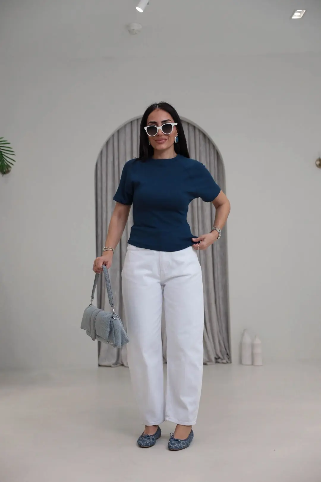 2322 Reglan Kol Yandan Fermuarlı Pamuklu Tshirt Indigo