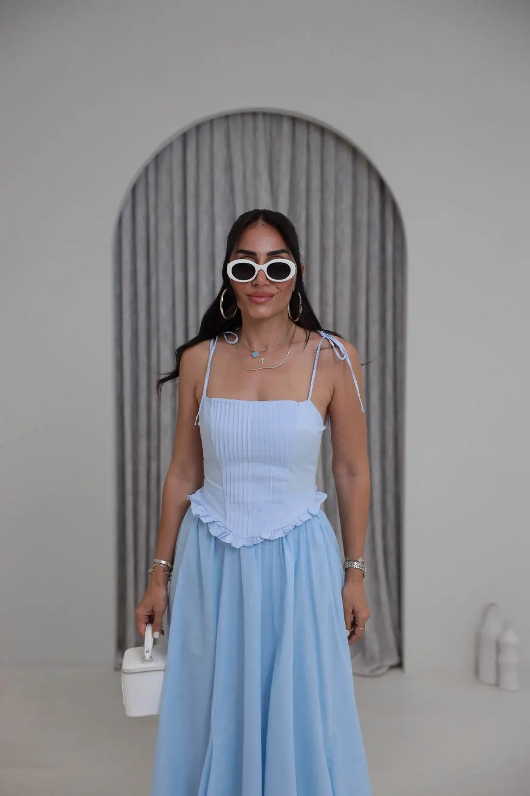 4192 Nervürlü Bağcık Askılı Korse Bluz BEBE MAVİ