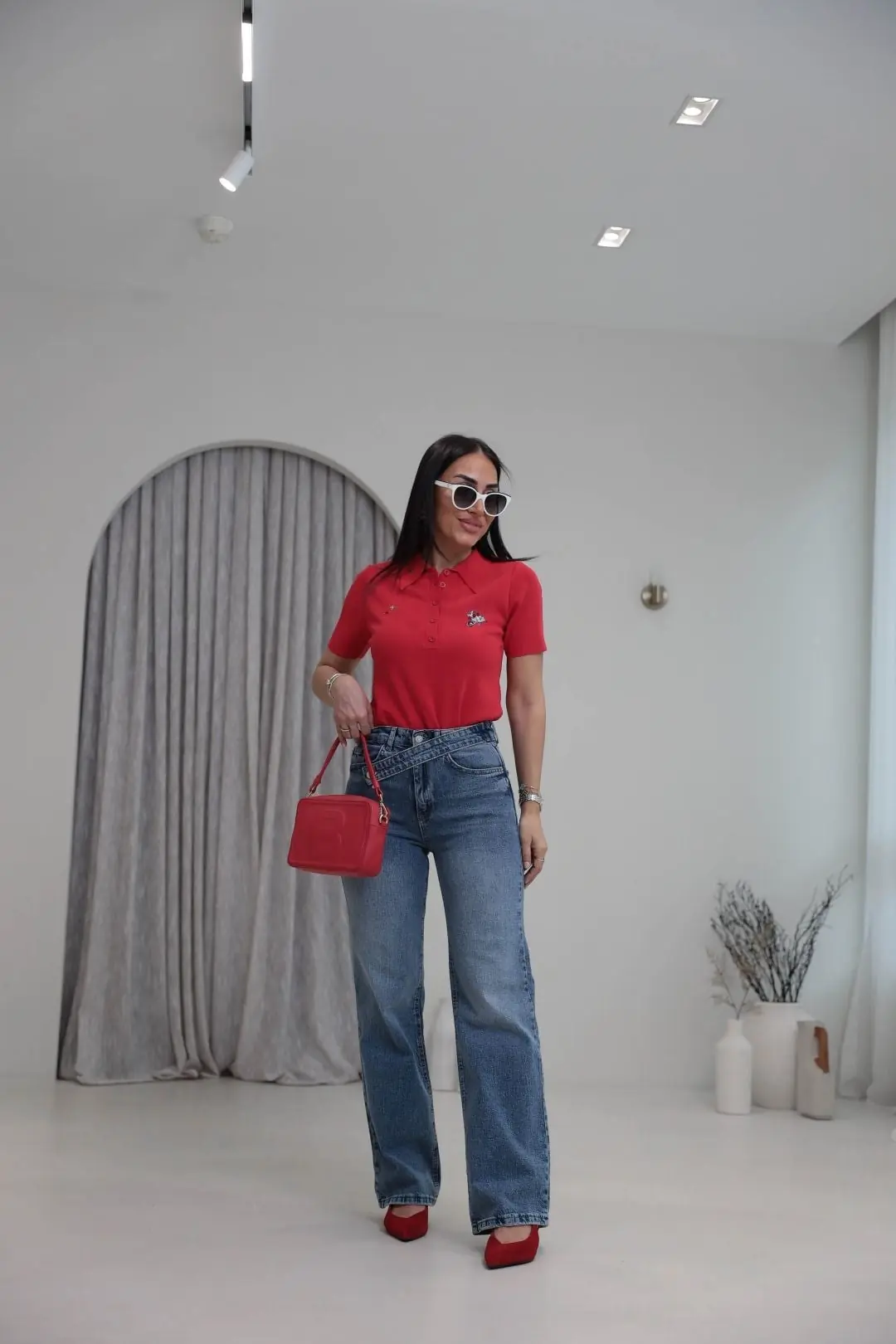 1035 Asimetrik Kemerli Denim Pantolon MAVİ