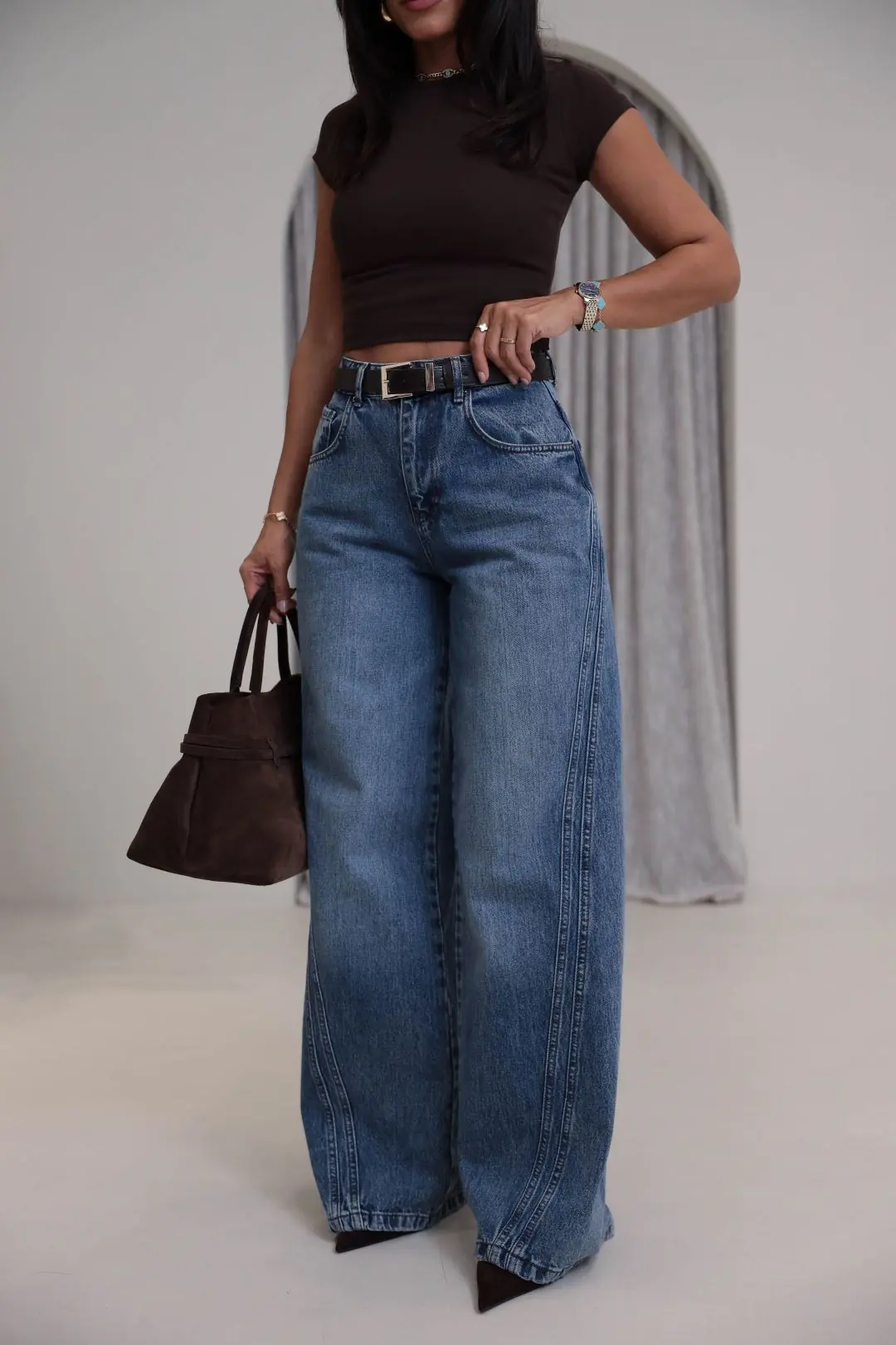 1067 Yanları Dikiş Detaylı Wide Leg Denim Pantolon TİNTLİ MAVİ