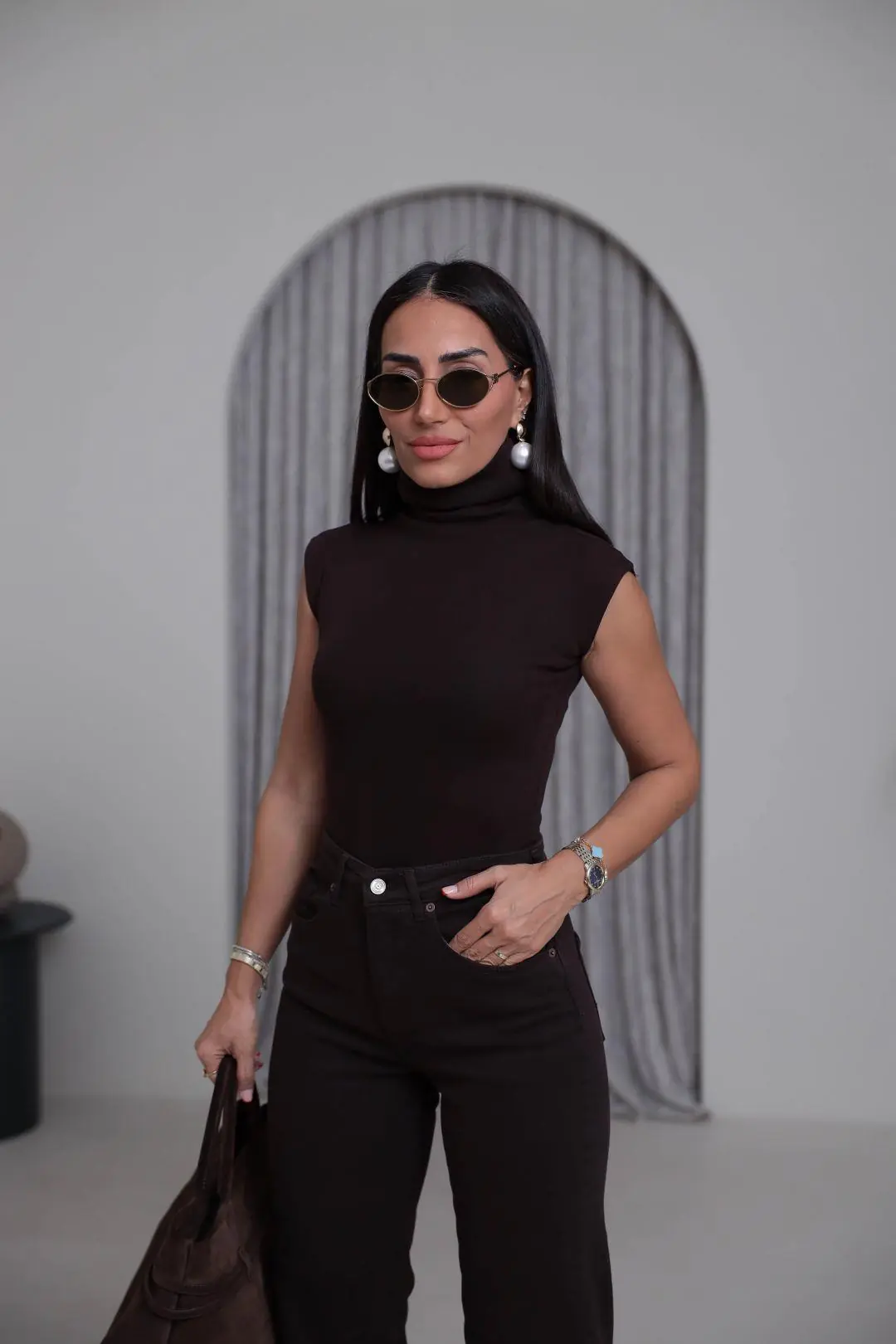 1020 Balıkçı Yaka Sıfır Kol Çıtçıtlı Bodysuit ACI KAHVE