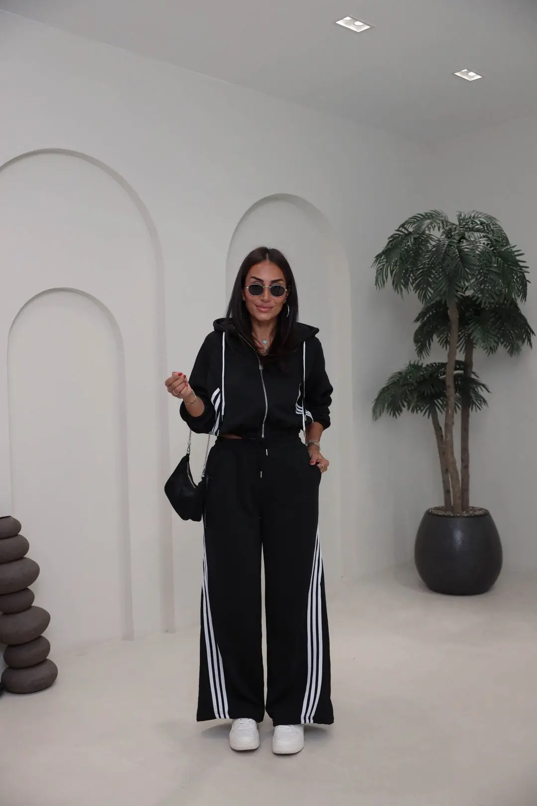 4285 Şerit Detaylı Fermuarlı Sweat Pantolon Takım SİYAH