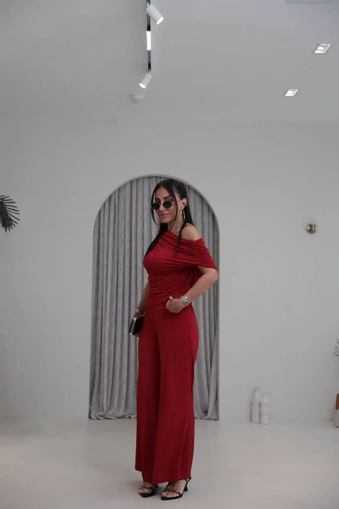 5388 Dökümlü Drapeli Sandy Bluz Pantolon Takım KIRMIZI