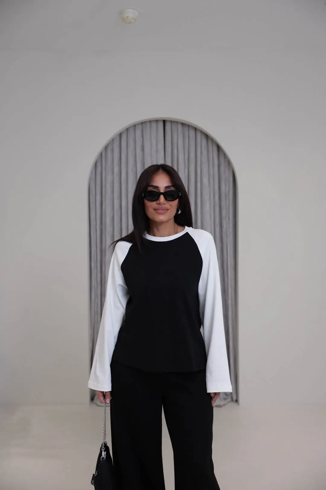 4271 Reglan Kol Kontrastlı Bisiklet yaka Bluz SİYAH