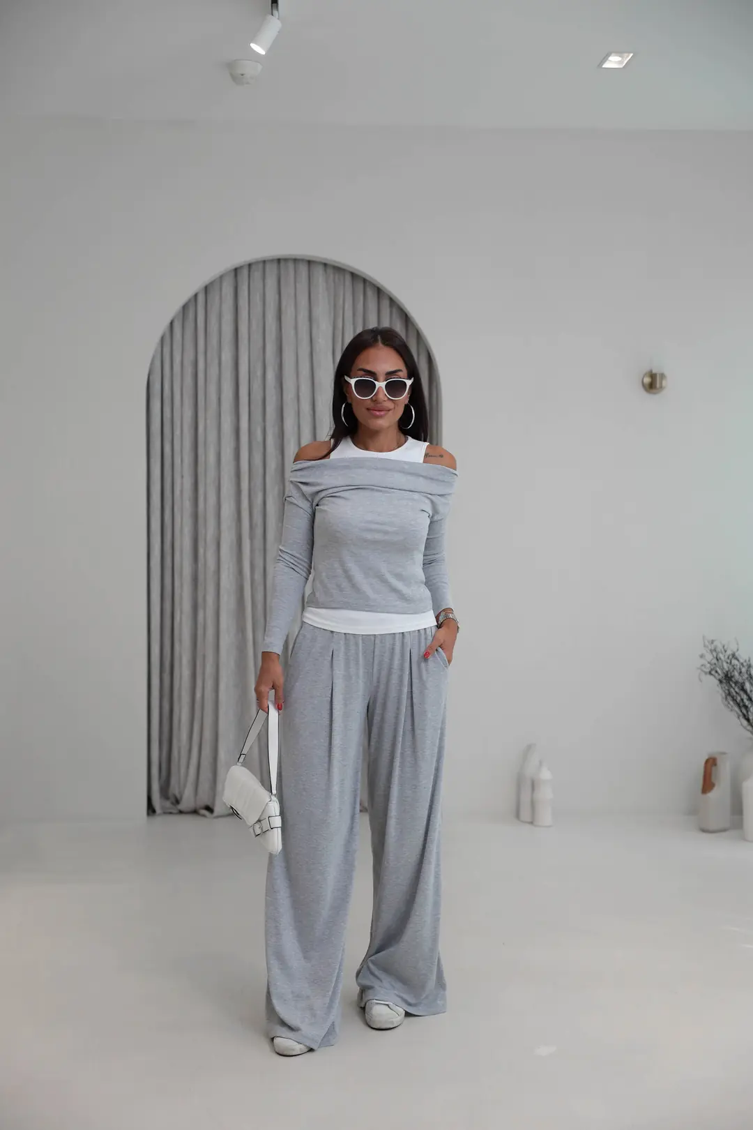 2779 Atlet Detaylı Dökümlü Bluz Pantolon Takım GRİ MELANJ