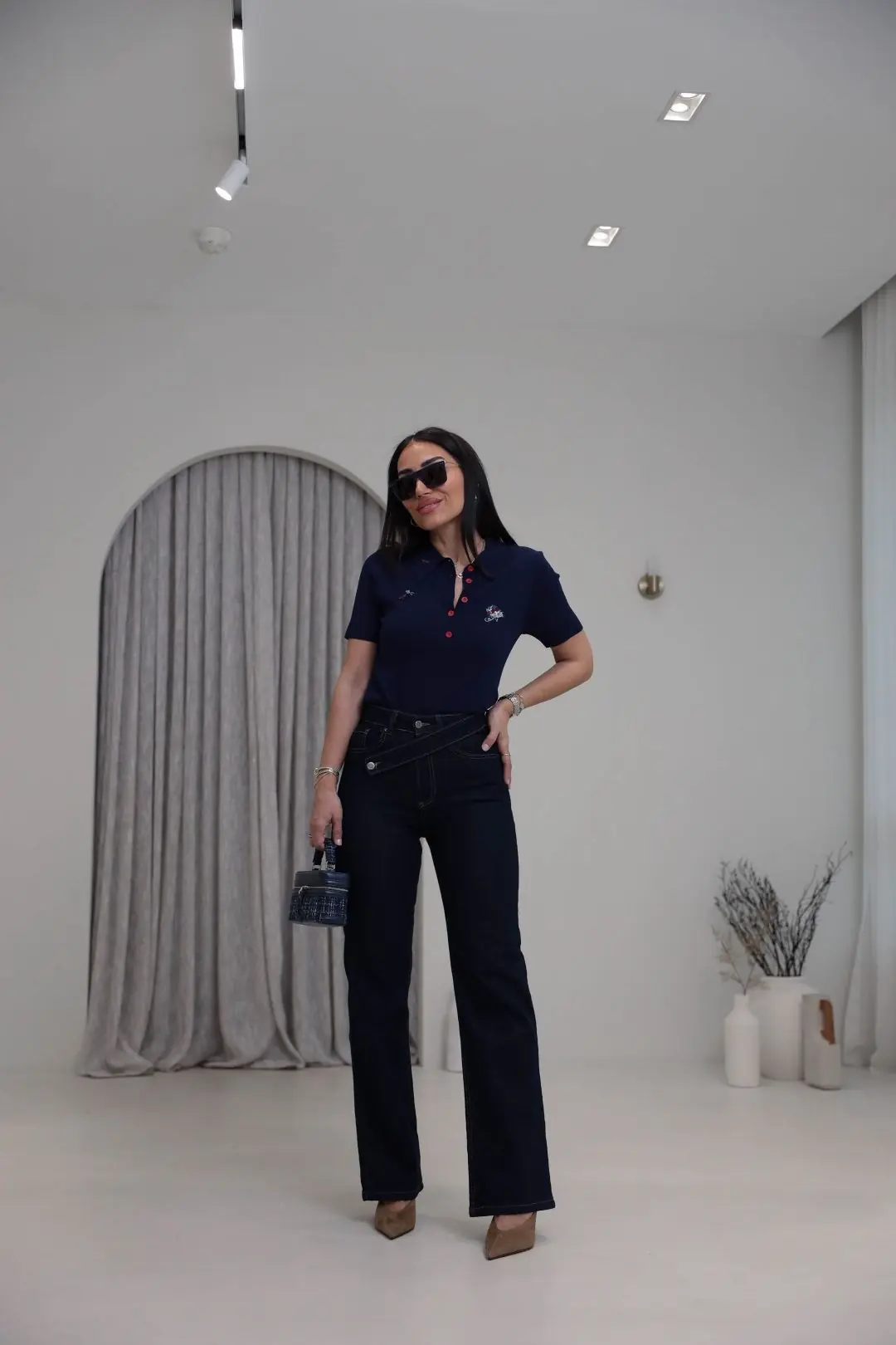 1035 Asimetrik Kemerli Denim Pantolon LACİVERT