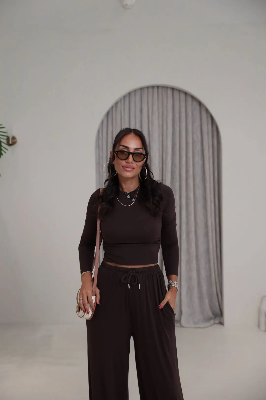 4289 Modal Drape Detaylı Şalvar Kesimli Bluz Pantolon Takım KAHVE