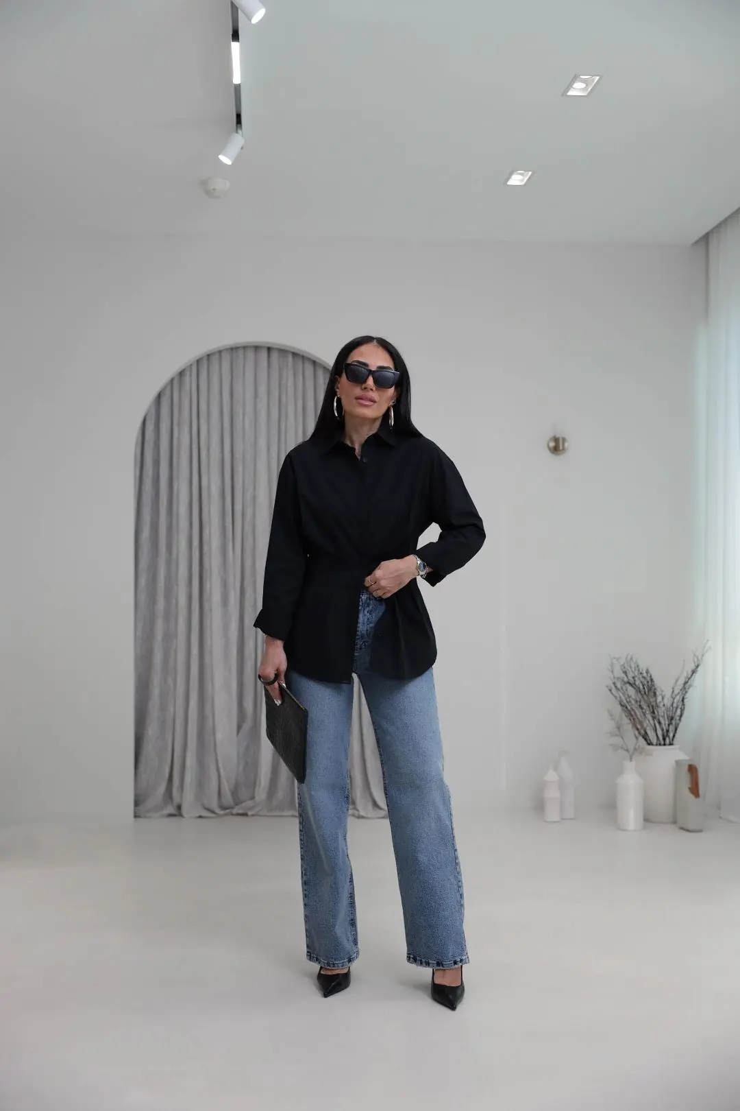 3013 Belden Oturtmalı Poplin Gömlek SİYAH